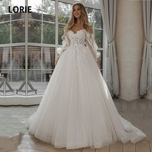 Sukienki imprezowe Lorie Glitter Wedding Puff Sleeve Applice koronkowe kwiaty 3D Off Rameer Tiul Boho Bride Suknia Vestidos de Novia 230505