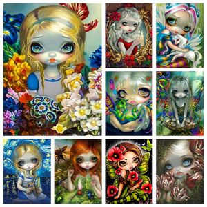Stich 5d Fantasy Diamond Malerei Cartoon Big Eyed Girl mit Blumen- und Tierlandschaft Mosaik Kreuzstitch Kinder Geschenk Home Decor