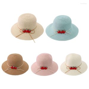 Cappelli a tesa larga Cappello estivo da donna in paglia intrecciata Cappello da spiaggia ripiegabile con protezione UV Bowknot alla fragola con sottogola