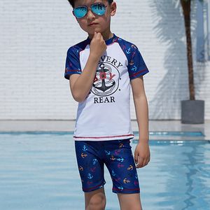 Two-Pieces 3-12 Years Boy Swimwear 2pcs Swim Suit With Cap Short Sleeve Bodysuit Kids Bathing Suit Children Swimsuit Boys Beach Rash Guards 230504