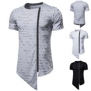 Camisetas masculinas 2023 Manga curta Hole solta Horneca irregular Zip Cardigan O-pescoço