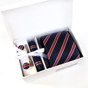 Yeni moda markası çizgili erkekler boyun bağları klips hanky cufflinks kutu setleri resmi giyim iş dünyası partisi kravat