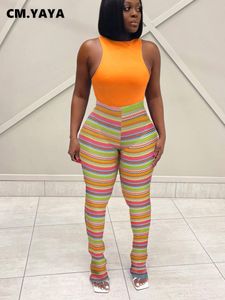 Damenhose CM YAYA Streetwear Rainbow Striped Knit Ribbed Ruched Flare Legging INS Active Sport Stretch Stacked Hose mit hoher Taille 230504