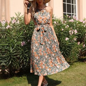 Casual Dresses JIM NORA Women Summer Off Shoulder Hanging Neck Floral Ruffle Long Dress Elegant Pleated Loose Dresses Casual Holiday 230505