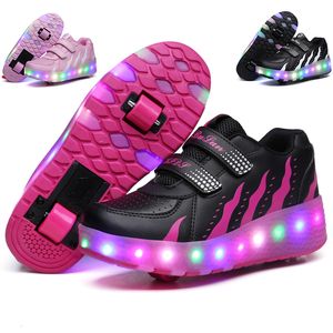 Inline Roller Skates Childrens Two Wheels Luminous Glowing Sneakers Heels Pink Led Light Skate Shoes Kids Boys Girls USB Charging 230504