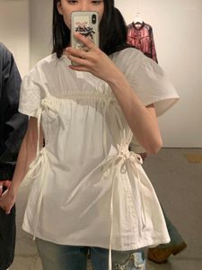 Damenblusen Korobov Drawstring Fold Design Tops Lace-up Doll Shirts Loose Thin Short Sleeve O Neck Korean Fashion Camisas Y Blusas