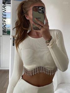 Women's T Shirts BOOFEENAA Rhinestone Chain Fringed Sexy Crop Top Women Solid Rib Knit Long Sleeve French Style Clothing C82-CH23