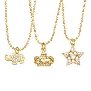 Pendant Necklaces FLOLA Mini Gold Plated Crown Necklace For Women Copper Zircon Elephant Star Beaded Crystal Jewelry Nkeb250