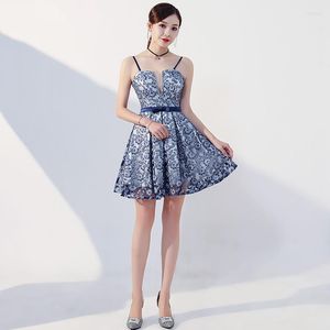 Ethnische Kleidung Moderne Mini Spitze Blume Cheongsam Blau Abendkleid Qipao Promotion Robe Orientale Partykleid Qi Pao Frauen Chinesische Kleider