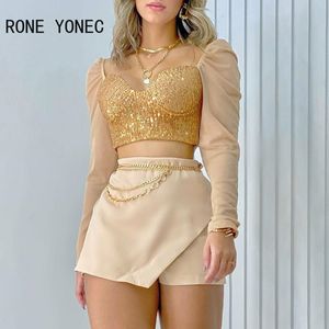 Two Piece Dress Women Chic Long Sleeves Short Tops Sequins Patchwork Mesh Chain Decoration Bodycon Mini Sexy Skirt short Sets 230504
