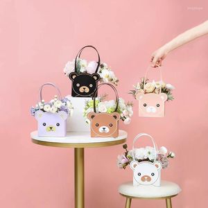 Present Wrap 52st Cartoon Bear Bag Kraft Paper Flower Basket Candy Cookies Packaging Tote For Baby Shower Birthday Party