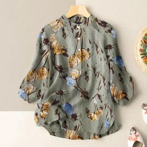 Kvinnors blusar bomullslinne skjorta kvinnor blommor blus löst överdimensionerade toppar harajuku fritidsstil plus storlek blus mjuk dagkläder