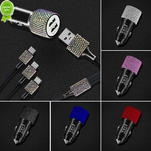 New Diamond 3 In 1 Dual USB Car Charger 5V 2.4A Fast Charging Cable for IPhone Android Type-C Phone Bling Car Accessories for Woman