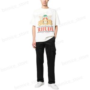 Camisetas masculinas Designer Roupas de moda Tees 2023 Verão Novo Rhude High Street Parrot Flor Letter Print LOW LOUS MANEVAS CURTAS Tops de rua de rua de algodão