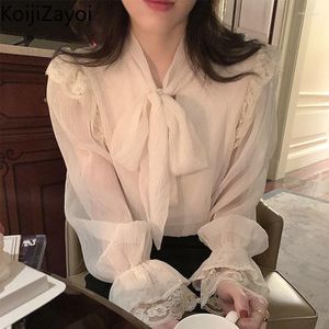 Women's Blouses Koijizayoi Women Blouse Tops White Bow Lace-up Long Sleeve Lace Shirt 2023 See-through Transparent Work Wear Office Blusas