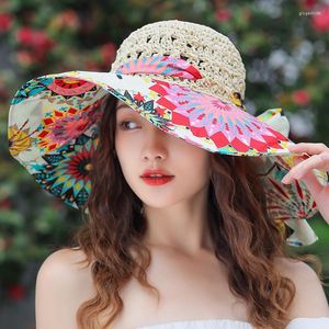 넓은 챙 모자 보헤미아 햇볕 밀짚 모자 여성 수제 Raffia Openwork Braided Bow Patchwork 여름 모자 큰 UV 보호 해변