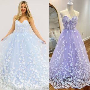 Straplez Ballgown Balo Elbisesi 2K23 Kelebek Pullu Sızdırmalar Sheer Corset Üst Lady Pageant Resmi Akşam Etkinlik Partisi Pist Siyah-Tie Gala Elbisesi Leylak Mavi