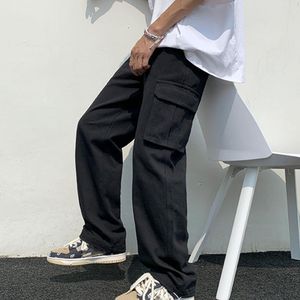 Calça masculina carga de cor sólida estilo hiphop padrão solto Multi Pockets Cintura elástica 230504