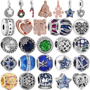 Luźne kamienie szlachetne 925 Sterling Silver Snowflake Star Fresco Flower of Winter Candy Cane Charm Bead Fit Oryginalny bransoletka DIY