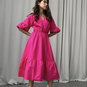 Vestidos casuais vestido de moda em V Midi Summer Summer Color Solid Puff Halva Manga Elastic Waist Dress Vintage 230505