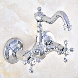 Kitchen Faucets Polished Chrome Brass Wall Mounted Bathroom Sink Faucet Swivel Spout Mixer Tap Dual Cross Handles Mnf583