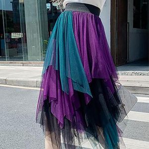 Skirts Tutu Tulle Skirt Women Fashion 2023 Summer Korean Irregular Contrast Color Pleated Maxi High Low Asymmetrical