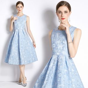 Casual Dresses New Summer Fall Light Blue Jacquard O-Neck ärmlösa kvinnor Sweet Temperament Tunic Slim Midi Beach Holiday Ball Gown Vest Dress 230505