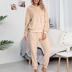 Zweiteilige Damenhosen, Langarm-Sweatshirts und Hosen, Trainingsanzug, Fleece-Sets, reine Farbe, mit Kapuze, Sportanzüge, Herbst, warm