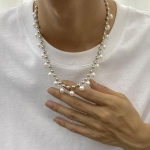 Kedjor trend enkel stil enkel lager kort pärla klavikel kedja hängande imitation pärla idéer halsband män smycken tillbehör