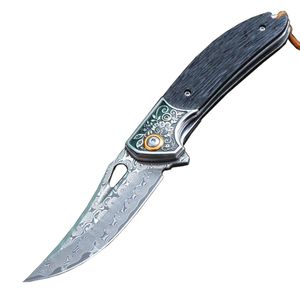 M6715 Damascus Flipper Folding Knife Trailing Point Blade G10/Steel Head Handle Ball Bearing Fast Open EDC Pocket Knives with Leather Sheath