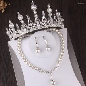 Necklace Earrings Set Silver Color Pearl Crystal Bridal Fashion Tiaras Crown Choker Women Wedding Dress Jewelry