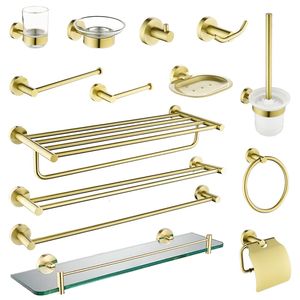Bath Accessory Set Brushed Gold Bathroom Accessories Towel Rack Shelf Ring Toilet Brush Holder Paper Holder Robe Hook Soap Dish Bathroom Hardware 230504