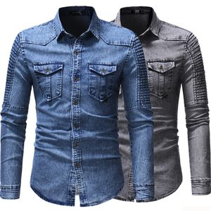 Men's Casual Shirts Mens Casual Cotton Shirts Regular-fit Long-Sleeve Denim Work Shirt Two Button Front Chest Pockets Pencil Slot Rugged Wear 230505