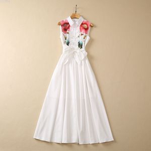 2023 Summer White Floral Print Belted Dress Sleeveless Lapel Neck Paneled Midi Casual Dresses S3W030427