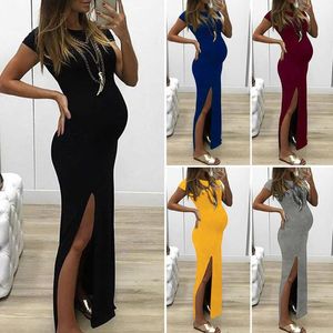 Maternity Dresses Summer Clothes Pregnant Short Sleeve Solid Color Split Fork Dress Women Fashion Pregnancy Gown