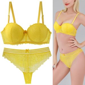 Bras Sets New Fashion Lace Bow Sexy Thin Cup Bras Set Push Up Underwear Green Pink Black Red Yellow White Plus Size Lingerie 230505