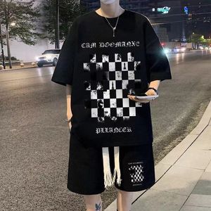 Men s Tracksuits Waffle Suit Summer Vintage Chessboard Checker Short Sleeve T shirt Shorts Casual Large Size Kong Style Two Piece Set 230504