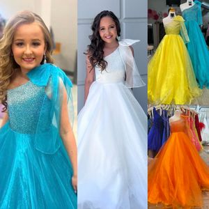 Shimmer Girl Preteen Pageant Elbise 2023 Bow AB Taşları Kristal Balgown Küçük Çocuk Doğum Günü Resmi Parti Bebek Yürümeye Başlayan Gençler Tiny Genç Junior Miss One Omuz