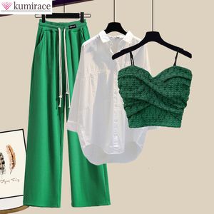 Kvinnors träningsdräkter Summer Wide Free Casual Wide Leg Byxor Vit Shirt Wave Bra Vest Three Piece Elegant Women's Pants Set Tracksuit 230504