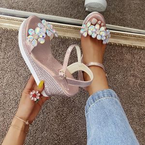 Sandals 2023 Female Fashion Flower Open Toe Dress Silver Women Rhinestone Wedges Platform Party Shoes Woman