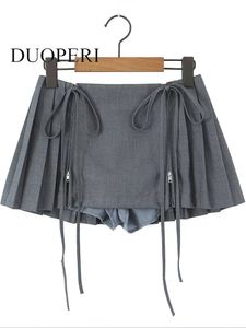 Skirts DUOPERI Women Fashion Solid Lace Up Pleated Front Zipper Mini Skirts Vintage High Waist Female Chic Lady Short Skirt 230504