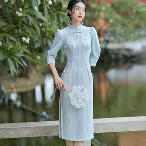 Etnisk kläder klassisk kinesisk stil kvinnor ljus blå bomull lång cheongsam retro mandarin krage hög split qipao