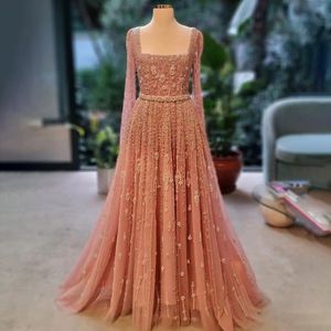 Party Dresses Serene Hill Muslim Pink A Line Square Collar Beaded Luxury Dubai Evening Gowns 2023 For Women Wedding LA71803A 230505