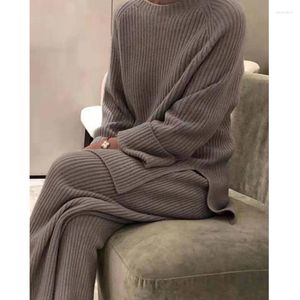 Calças de duas peças femininas conjuntos de correspondência de camisola de malha de inverno conjuntos assortis despeje pull elegante sólido o-pescoço perna larga zestawy do spodni