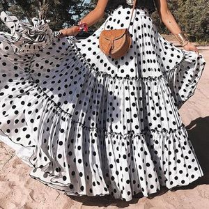 Saias de cintura alta bagunçaram uma saia de linha feminina vintage casual big swing swing maxi maxi polka dot splice summer praia festa