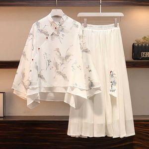 Casual Dresses White Hanfu Dress for Women Summer Chiffon Ancient Chinese Style Costume Plus Size Top and Kirt Cosplay Costume Tvådelad kostym P230505