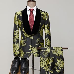 Мужские костюмы Blazers Последние пальтовые брюки Slim Fit Свадебные костюмы для мужчин зеленое желтое жаккардовое пла в лацка