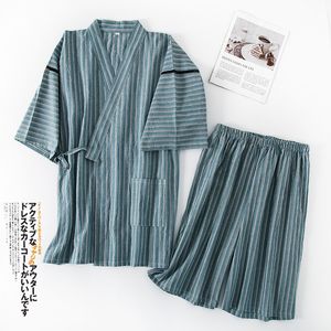 Men's Sleepwear Japanese Kimono Striped Men Pajamas Set Summer Male Pure Cotton Thin Short Sleeve Shorts Pajama Suit Loose 2 Piece Homewear 230505