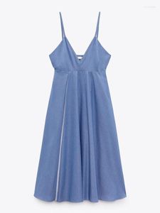 Casual Dresses 2023 Summer Women's Fashion Elegant Sweet Pure Desire Blue Striped Poplin Suspender Dress