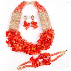 Halskette Ohrringe Set Luxus Orange Echt Original Koralle Schmuck Goldene Accessoires Afrikanische Braut Hochzeit Armband 2023